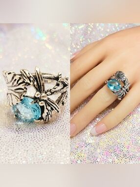 W Size 6, 7, 8 925 Stamped Silver aquamarine Crystal dragonfly ring